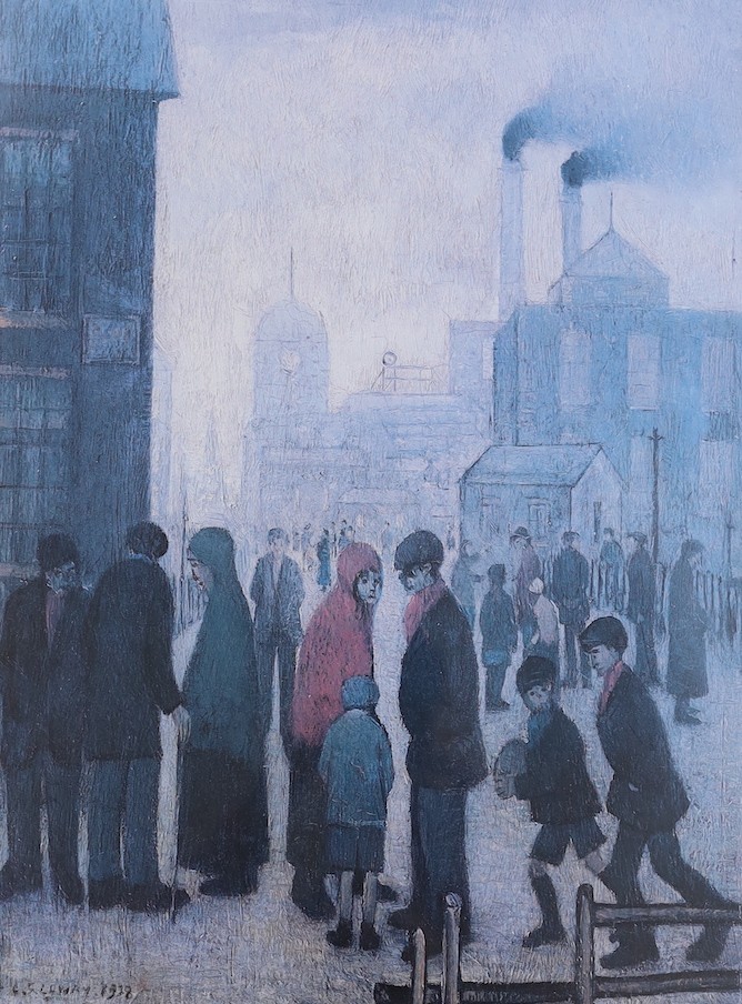 After Lawrence Stephen Lowry, a limited edition print “Salford Street Scene” 829/850 together with “The Lonely House”, bearing signature. 41x30cm